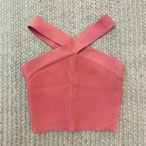 Babaton Coral Pink Criss Cross Sculpt Knit Crop Top